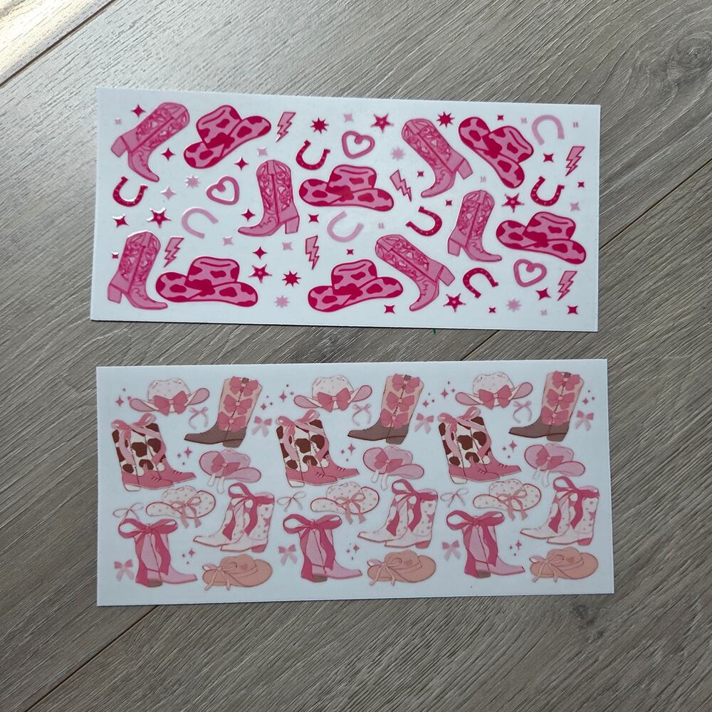 Western cowgirl pink boots resin UV dtf for cups tumblers